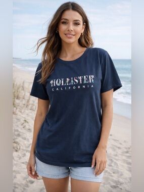 Hollister Women's Classic Navy Floral Logo Short Sleeve Tee Size Large